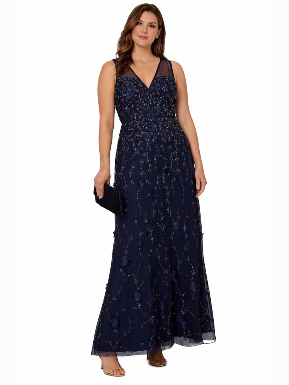 Adrianna‎ Papell - V-Neck Beaded Sleeveless Gown